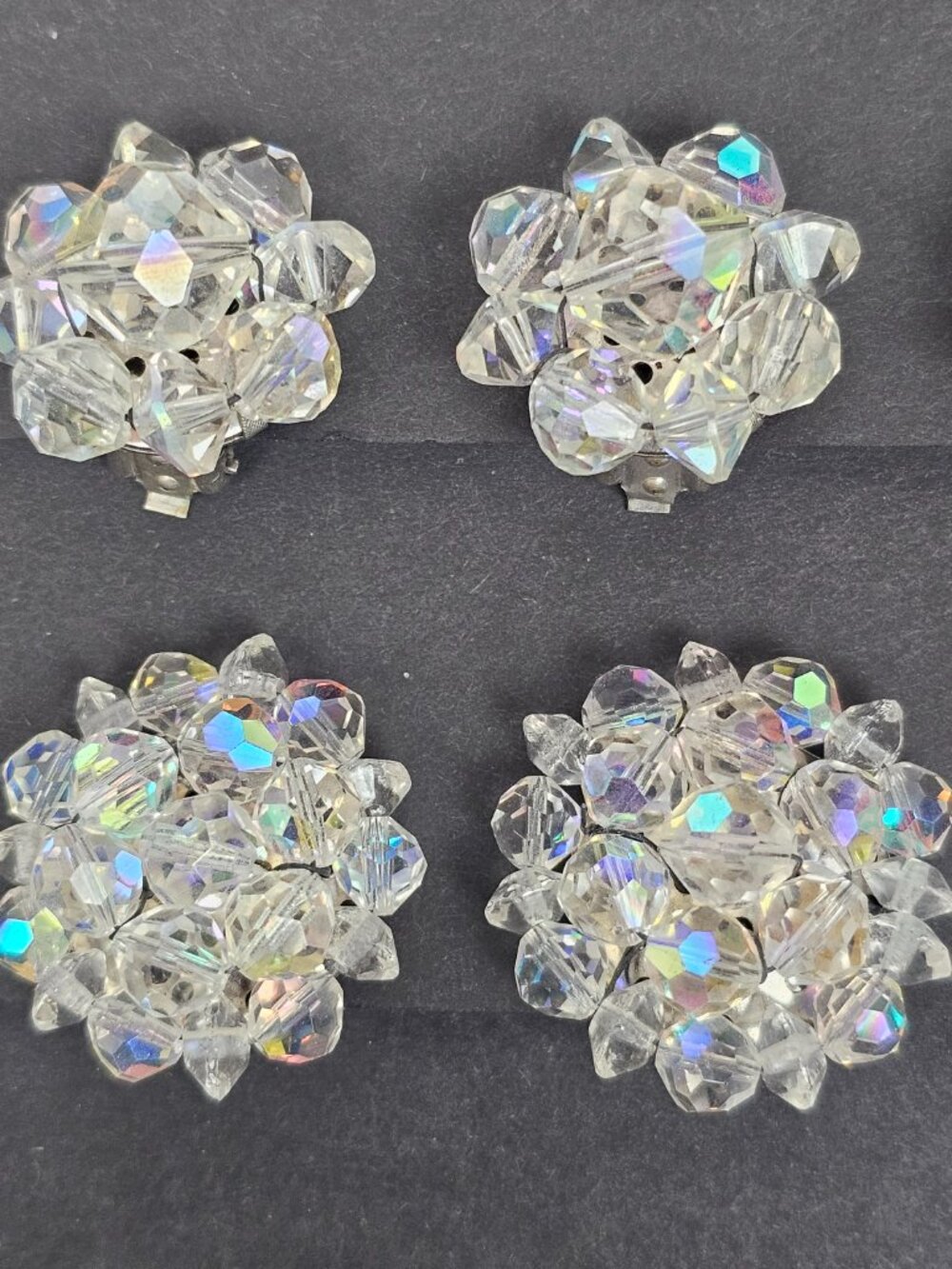 Vtg Crystal Glass Clear AB Aurora Borealis Cluster Clip On Earring 4 Pair Lot 97 - Picture 2 of 11